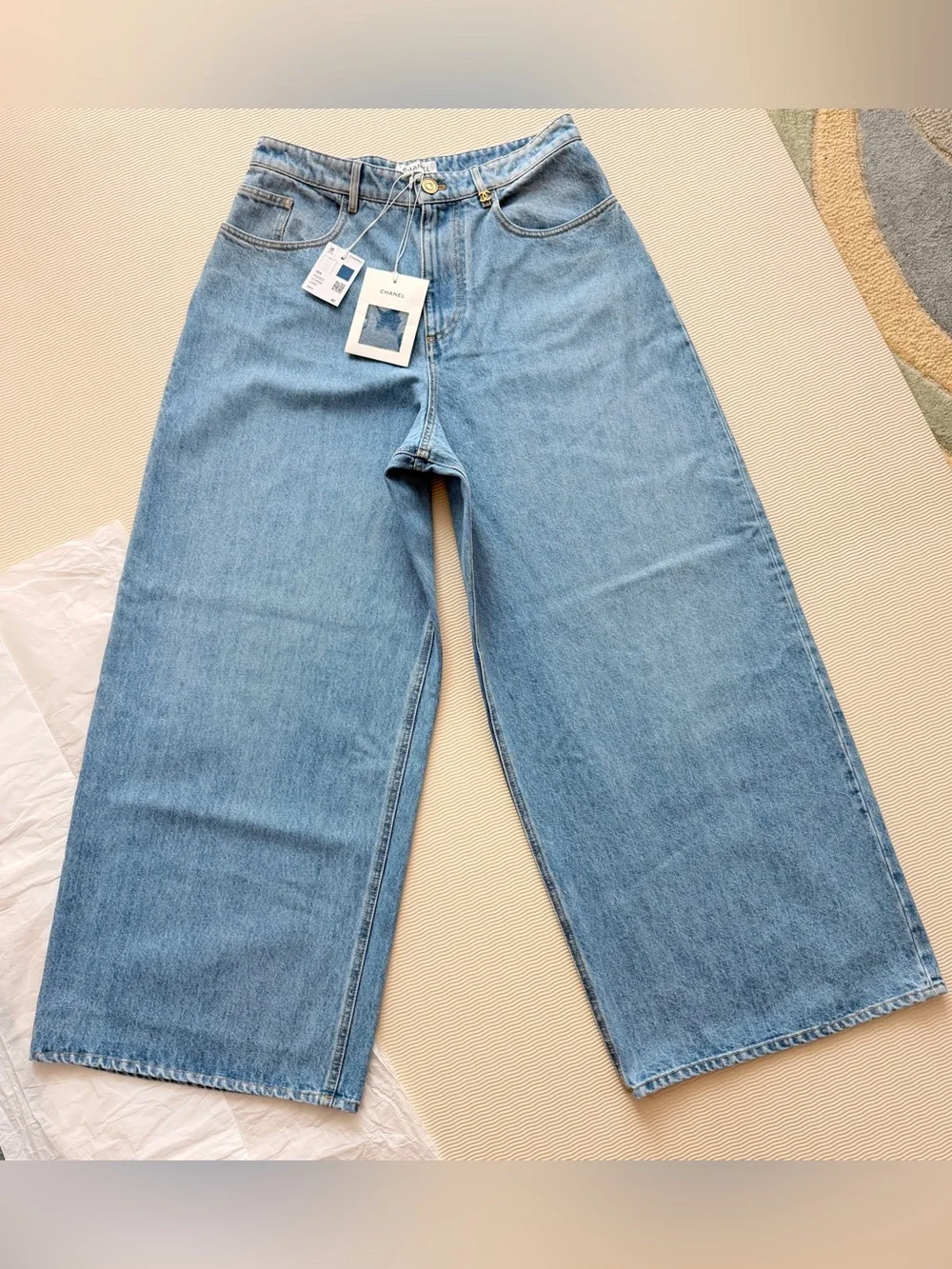 Chanel Jeans Wide-Leg Denim Brand New w/Tags Gold Button and Details Size 40